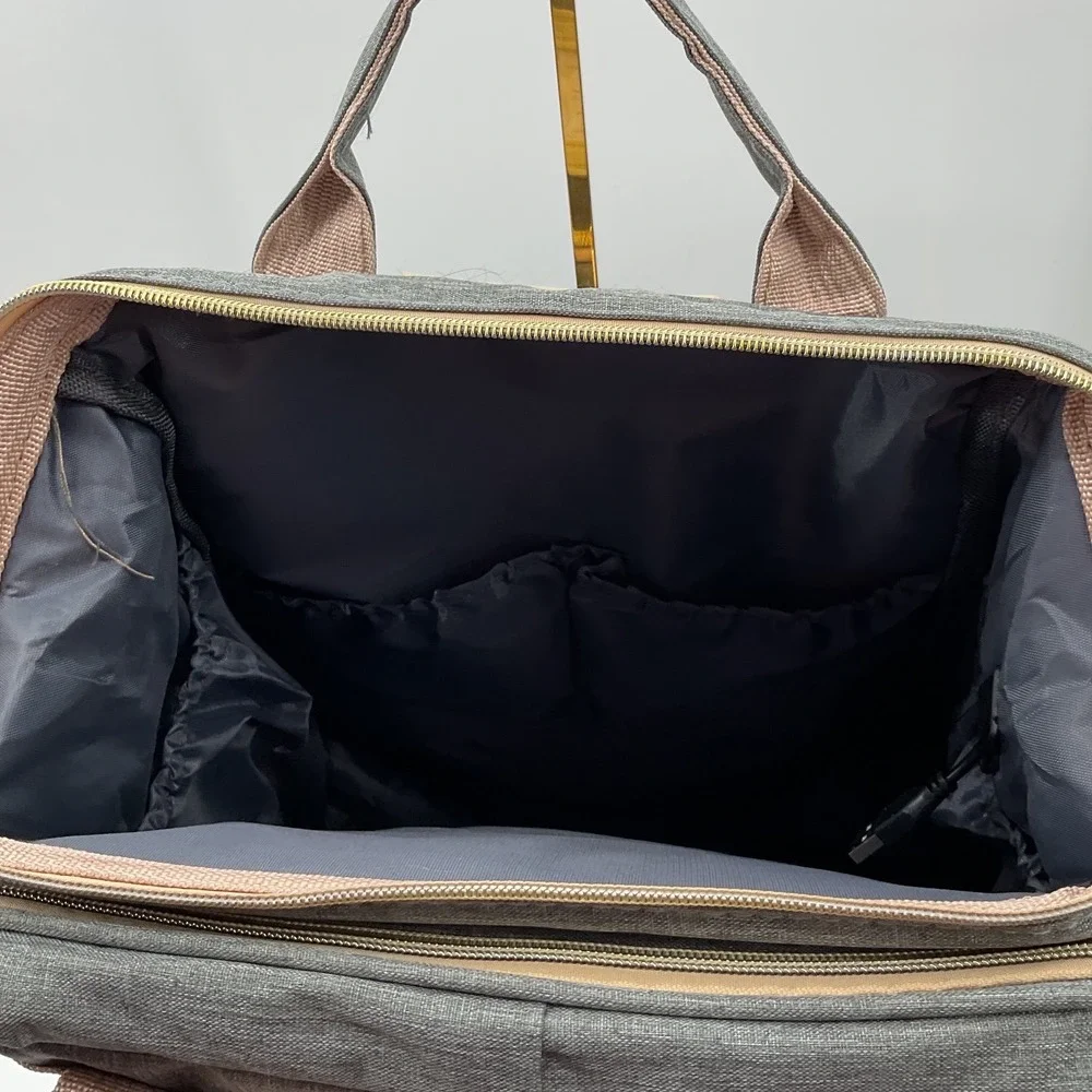 Gray Diaper Bag Backpack with USB Port Gold Hardware Stroller Straps Heathered